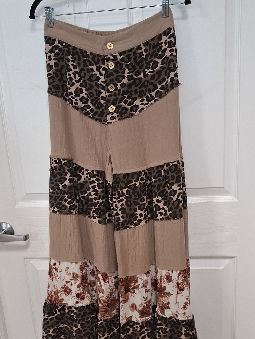 POL Wide Leg Tiered Pants in Tan, Brown, Cream Leopard & Floral